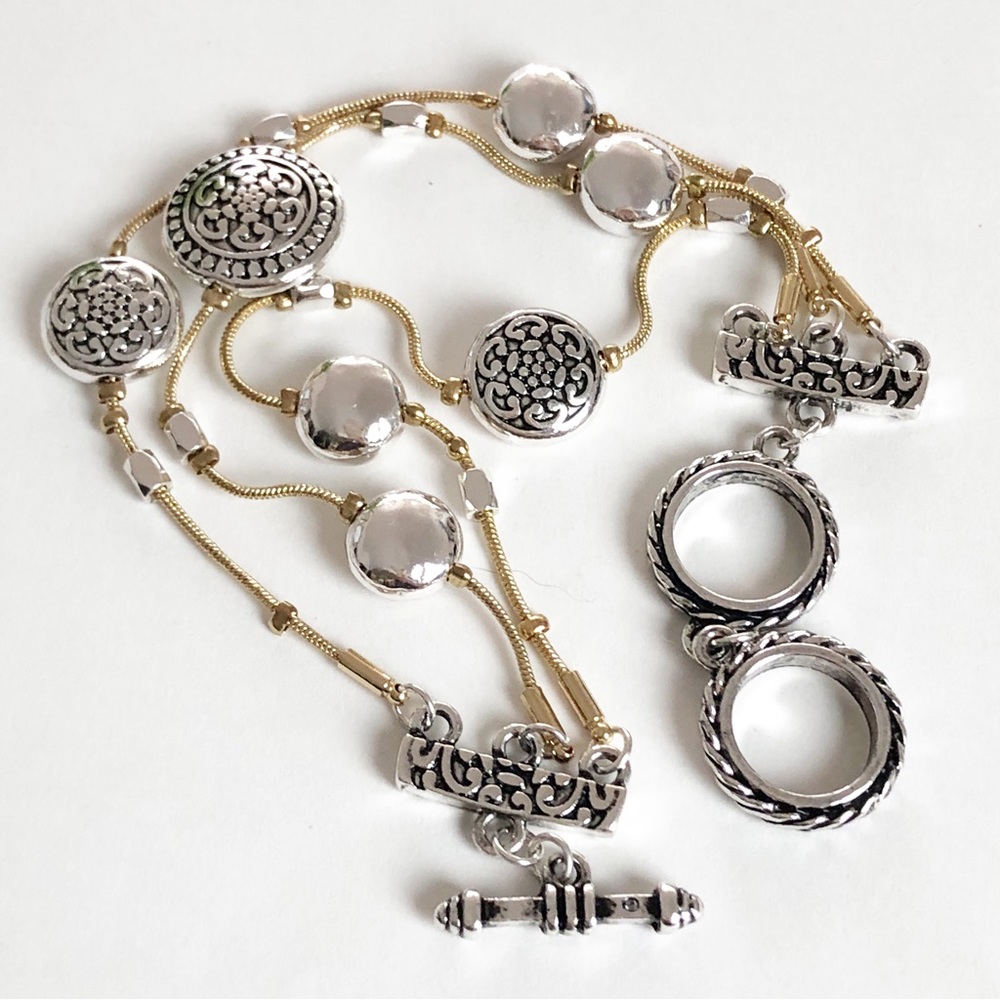 Three Stranded Silver and Gold Tone Beaded Adjustable Bracelet - Picture 9 of 16